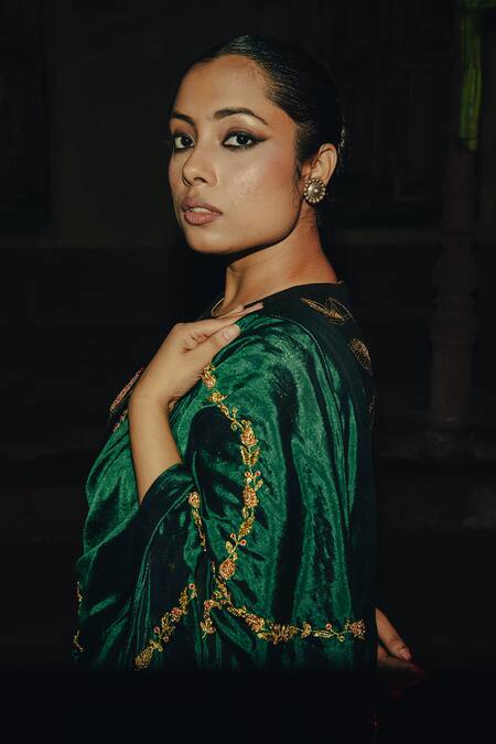 Shop_Label Earthen_Green Chanderi , Embroidery Ujjwla Flower Vine Saree _Online_at_Aza_Fashions