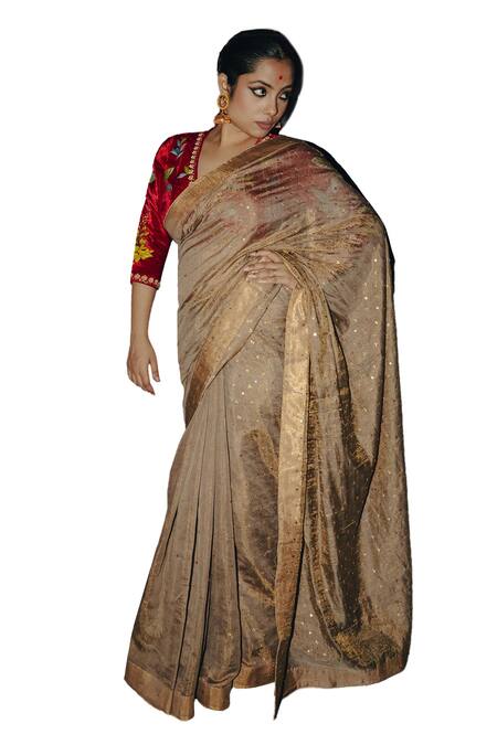 Shop Label Earthen Gold Handloom Cotton, Chanderi Sequins Antique Embroidered Saree Online at Aza Fashions Shop_Label Earthen_Gold Handloom Cotton, Chanderi Sequins Antique Embroidered Saree _Online_at_Aza_Fashions