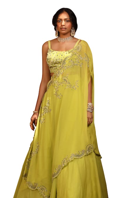 Niamh By Kriti_Green Georgette, Organza Embroidery, Pearls, Floral Hand Cape And Lehenga Set _Online_at_Aza_Fashions