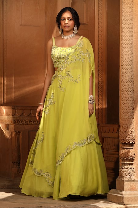 Buy_Niamh By Kriti_Green Georgette, Organza Embroidery, Pearls, Floral Hand Cape And Lehenga Set _Online_at_Aza_Fashions