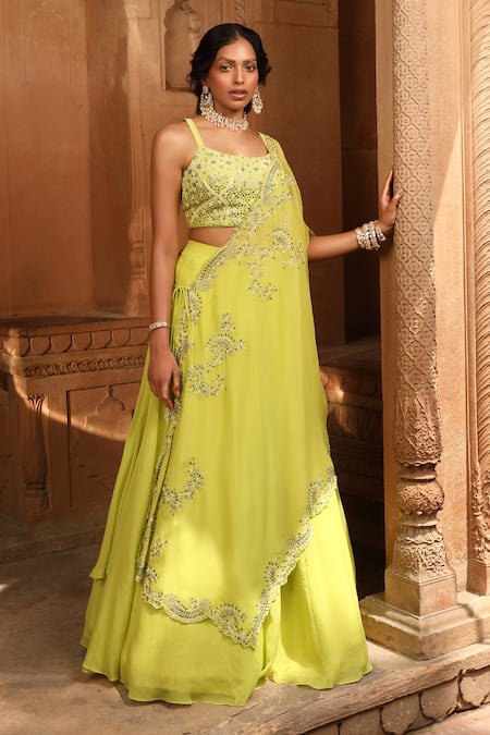 Niamh By Kriti_Green Georgette, Organza Embroidery, Pearls, Floral Hand Cape And Lehenga Set _at_Aza_Fashions