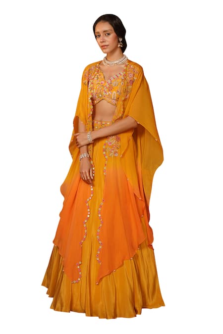 Shop_Niamh By Kriti_Yellow Silk, Organza Embroidery, Sequins, Floral Border Cape And Lehenga Set _Online_at_Aza_Fashions
