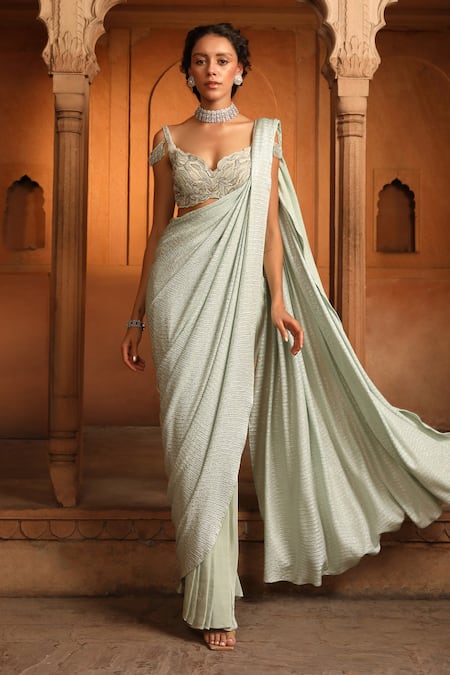 Buy_Niamh By Kriti_Green Silk, Crepe, Linen Textured Pre-draped Saree With Hand Embroidered Blouse _Online_at_Aza_Fashions