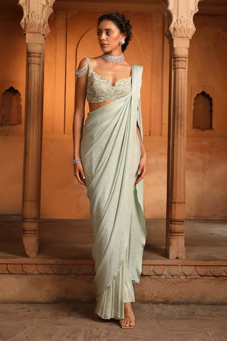 Shop_Niamh By Kriti_Green Silk, Crepe, Linen Textured Pre-draped Saree With Hand Embroidered Blouse _Online_at_Aza_Fashions