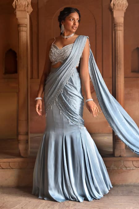 Niamh By Kriti Blue Silk Crepe Hand Embroidery Pre-draped Mermaid Cut Saree With Blouse 