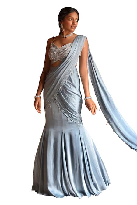 Niamh By Kriti_Blue Silk, Crepe Pearls, Pre-draped Mermaid Cut Saree With Embroidered Blouse _Online_at_Aza_Fashions