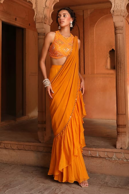 Niamh By Kriti_Orange Georgette, Organza Beads, Pre-draped Ruffle Saree With Embroidered Blouse _Online_at_Aza_Fashions