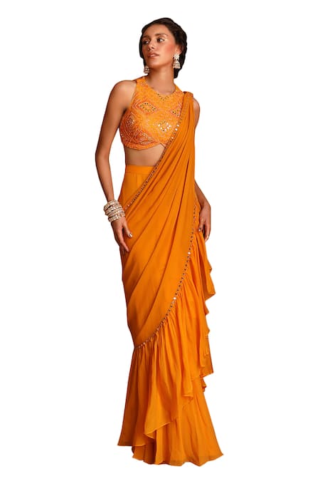 Buy_Niamh By Kriti_Orange Georgette, Organza Beads, Pre-draped Ruffle Saree With Embroidered Blouse _Online_at_Aza_Fashions