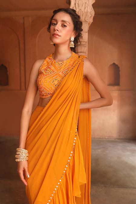 Shop_Niamh By Kriti_Orange Georgette, Organza Beads, Pre-draped Ruffle Saree With Embroidered Blouse _Online_at_Aza_Fashions