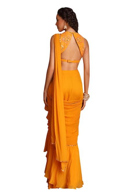Niamh By Kriti_Orange Georgette, Organza Beads, Pre-draped Ruffle Saree With Embroidered Blouse _at_Aza_Fashions