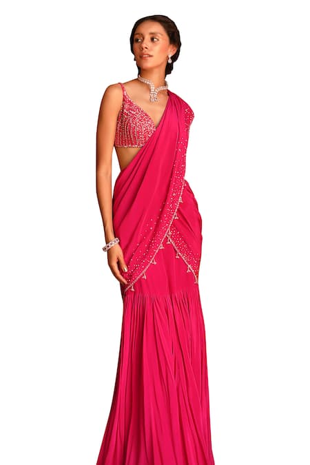 Niamh By Kriti Pink Silk, Crepe, Linen Pre-draped Pleated Hem Saree With Embroidered Blouse Online at Aza Fashions Niamh By Kriti_Pink Silk, Crepe, Linen Pre-draped Pleated Hem Saree With Embroidered Blouse _Online_at_Aza_Fashions