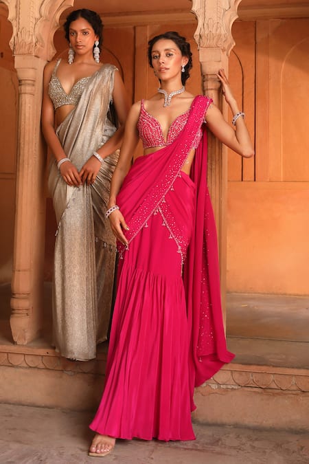 Buy_Niamh By Kriti_Pink Silk, Crepe, Linen Pre-draped Pleated Hem Saree With Embroidered Blouse _Online_at_Aza_Fashions