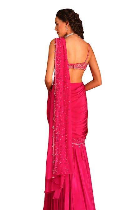Buy Niamh By Kriti Pink Silk, Crepe, Linen Pre-draped Pleated Hem Saree With Embroidered Blouse Buy_Niamh By Kriti_Pink Silk, Crepe, Linen Pre-draped Pleated Hem Saree With Embroidered Blouse