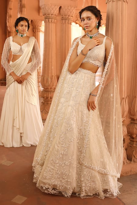 Niamh By Kriti_Ivory Silk, Crepe, Pre-draped Lehenga Saree With Crystal Embellished Blouse _Online_at_Aza_Fashions
