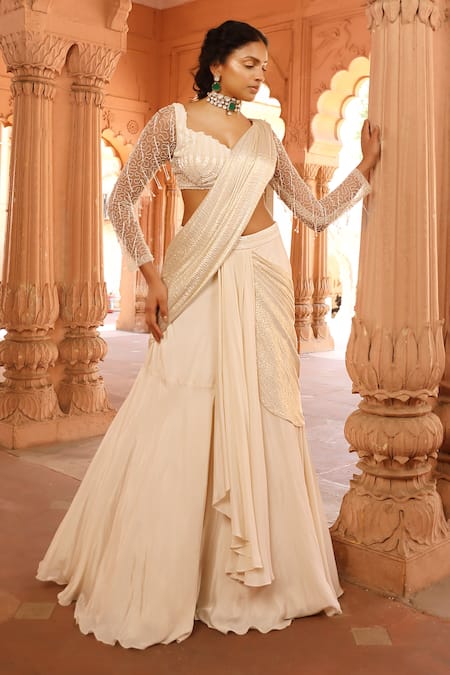 Buy_Niamh By Kriti_Ivory Silk, Crepe, Pre-draped Lehenga Saree With Crystal Embellished Blouse _Online_at_Aza_Fashions