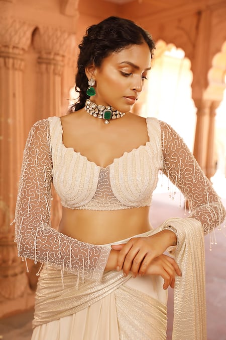Niamh By Kriti_Ivory Silk, Crepe, Pre-draped Lehenga Saree With Crystal Embellished Blouse _at_Aza_Fashions