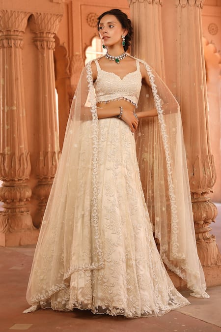 Niamh By Kriti Ivory Organza And Net Embroidery Floral Paan Neck Hand Lehenga Set 