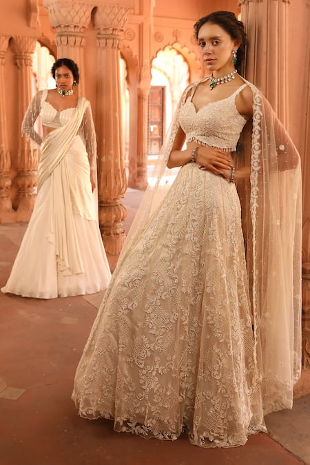 Niamh By Kriti_Ivory Organza, Net, Satin Pearls, Sequins, Embroidery Floral Hand Lehenga Set _Online_at_Aza_Fashions