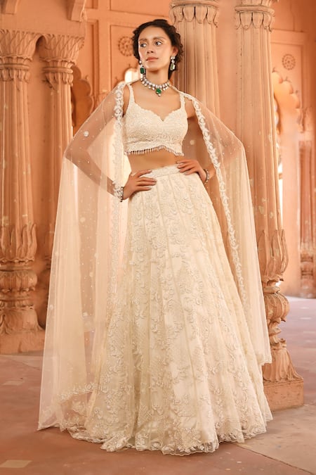 Shop_Niamh By Kriti_Ivory Organza, Net, Satin Pearls, Sequins, Embroidery Floral Hand Lehenga Set _Online_at_Aza_Fashions