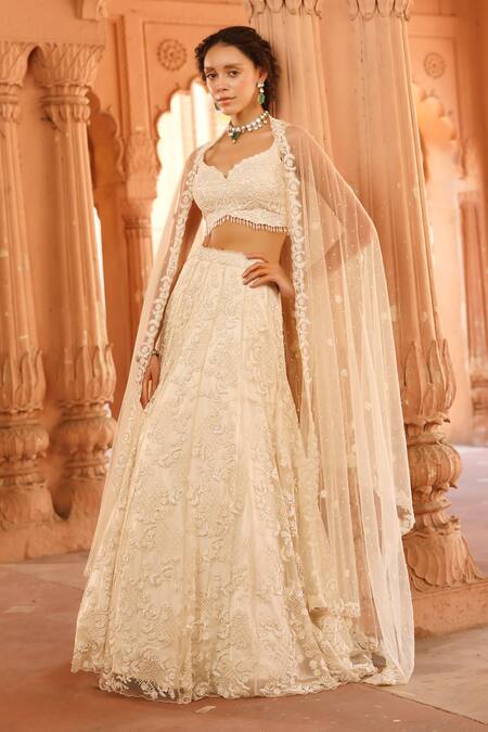 Niamh By Kriti_Ivory Organza, Net, Satin Pearls, Sequins, Embroidery Floral Hand Lehenga Set _at_Aza_Fashions