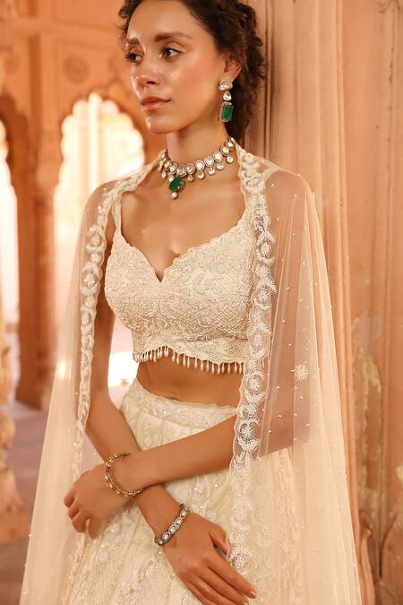 Buy_Niamh By Kriti_Ivory Organza, Net, Satin Pearls, Sequins, Embroidery Floral Hand Lehenga Set 