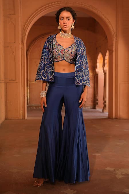 Niamh By Kriti Blue Chanderi Silk Embroidery Floral Blouse V Neck Short Jacket And Gharara Set 