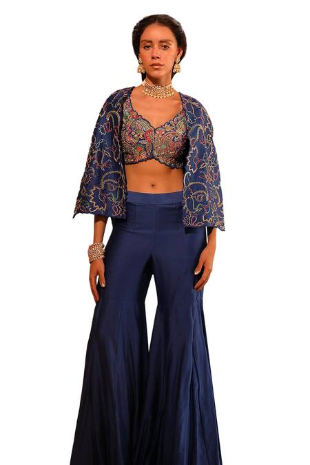 Buy Niamh By Kriti Blue Chanderi Silk Embroidery, Sequins, Beads Floral Short Jacket And Gharara Set Online at Aza Fashions Buy_Niamh By Kriti_Blue Chanderi Silk Embroidery, Sequins, Beads Floral Short Jacket And Gharara Set _Online_at_Aza_Fashions