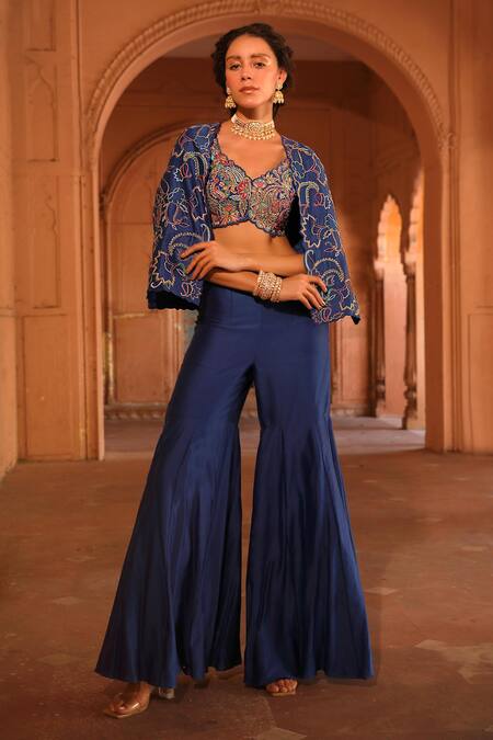 Shop_Niamh By Kriti_Blue Chanderi Silk Embroidery, Sequins, Beads Floral Short Jacket And Gharara Set _Online_at_Aza_Fashions