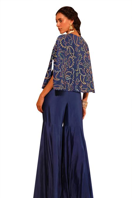 Buy Niamh By Kriti Blue Chanderi Silk Embroidery, Sequins, Beads Floral Short Jacket And Gharara Set Buy_Niamh By Kriti_Blue Chanderi Silk Embroidery, Sequins, Beads Floral Short Jacket And Gharara Set