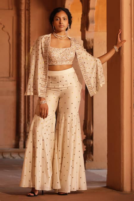 Niamh By Kriti Ivory Chanderi Silk Embellished Sequin Blouse Square Neck Jacket And Gharara Set 