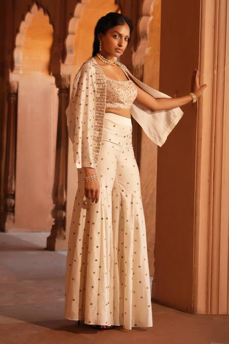 Niamh By Kriti_Ivory Chanderi Silk Sequins, Beads Square Neck, Embellished Jacket And Gharara Set _Online_at_Aza_Fashions