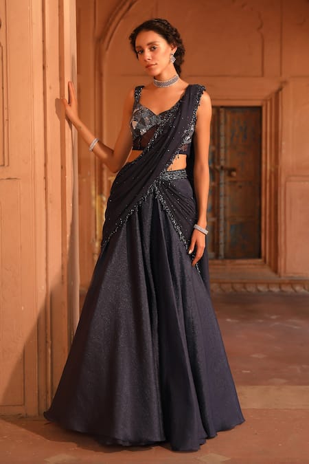 Niamh By Kriti Blue Chiffon Embroidery Sequin Pre-draped Lehenga Saree With Embellished Blouse 