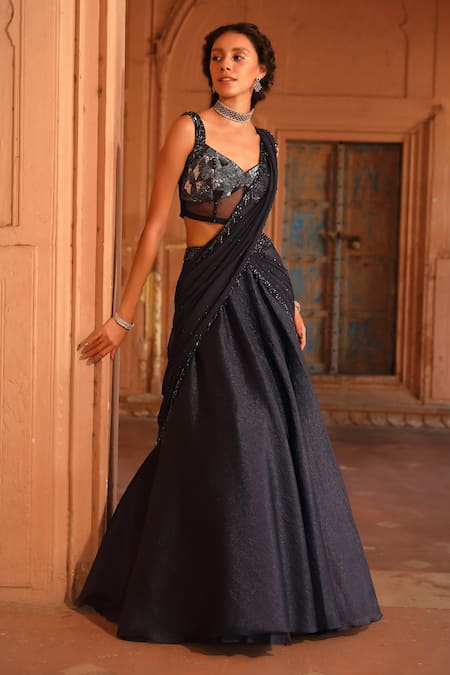 Niamh By Kriti_Blue Chiffon, Silk Organza, Pre-draped Lehenga Saree With Embellished Blouse _Online_at_Aza_Fashions
