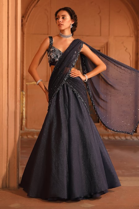 Shop_Niamh By Kriti_Blue Chiffon, Silk Organza, Pre-draped Lehenga Saree With Embellished Blouse _Online_at_Aza_Fashions