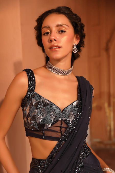 Niamh By Kriti_Blue Chiffon, Silk Organza, Pre-draped Lehenga Saree With Embellished Blouse _at_Aza_Fashions