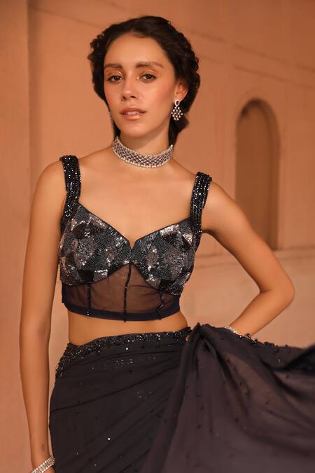 Buy_Niamh By Kriti_Blue Chiffon, Silk Organza, Pre-draped Lehenga Saree With Embellished Blouse 