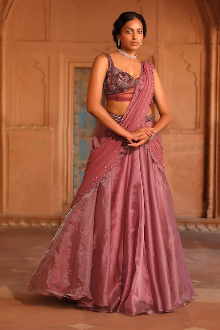 Niamh By Kriti Wine Chiffon Embroidery Pre-draped Lehenga Saree With Beads Embellished Blouse 