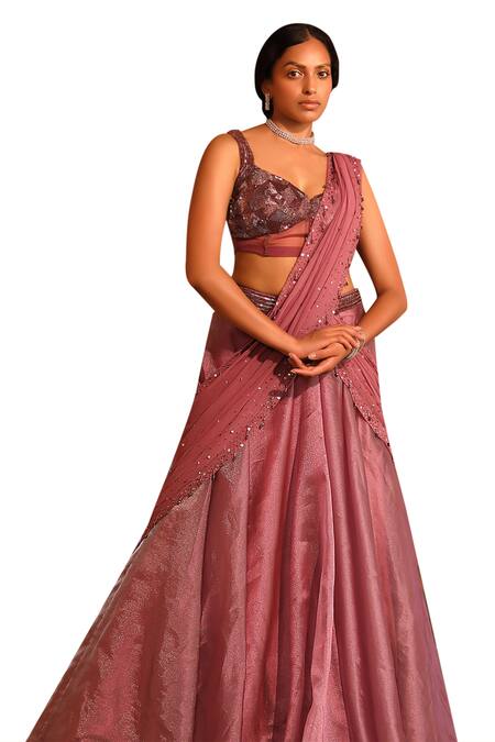 Niamh By Kriti_Wine Chiffon, Satin, Silk Pre-draped Lehenga Saree With Embellished Blouse _Online_at_Aza_Fashions