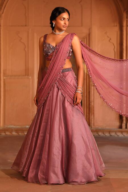 Buy_Niamh By Kriti_Wine Chiffon, Satin, Silk Pre-draped Lehenga Saree With Embellished Blouse _Online_at_Aza_Fashions