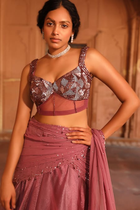 Shop_Niamh By Kriti_Wine Chiffon, Satin, Silk Pre-draped Lehenga Saree With Embellished Blouse _Online_at_Aza_Fashions