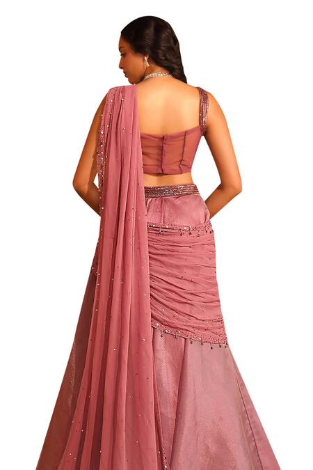 Niamh By Kriti_Wine Chiffon, Satin, Silk Pre-draped Lehenga Saree With Embellished Blouse _at_Aza_Fashions