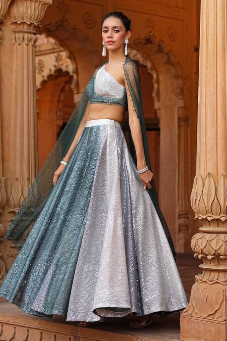 Buy_Niamh By Kriti_Grey Net, Lycra, Satin Sequins, Crystals, Beads Ombre Embellished Lehenga Set _Online_at_Aza_Fashions