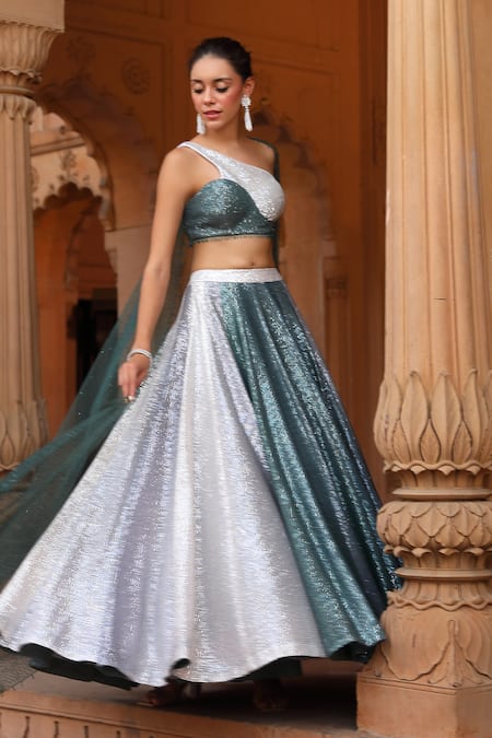 Shop_Niamh By Kriti_Grey Net, Lycra, Satin Sequins, Crystals, Beads Ombre Embellished Lehenga Set _Online_at_Aza_Fashions