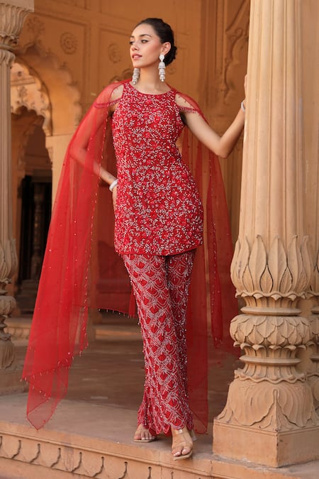 Niamh By Kriti Red Organza And Net Embroidery Sequins Round Neck Kurta Palazzo Set 