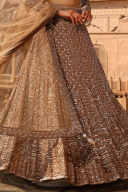 Niamh By Kriti_Gold Satin, Organza, Net Pearls, Beads, Trellis Embroidered Bridal Lehenga Set _at_Aza_Fashions