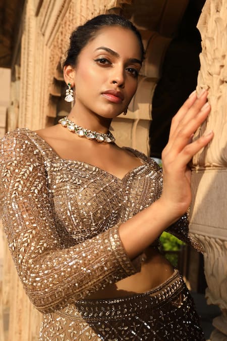 Shop_Niamh By Kriti_Gold Satin, Organza, Net Pearls, Beads, Trellis Embroidered Bridal Lehenga Set 