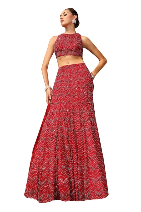 Buy_Niamh By Kriti_Red Silk, Satin Beads, Crystals, Chevron Embroidered Lehenga And Blouse Set _Online_at_Aza_Fashions