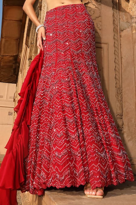 Niamh By Kriti_Red Silk, Satin Beads, Crystals, Chevron Embroidered Lehenga And Blouse Set _at_Aza_Fashions