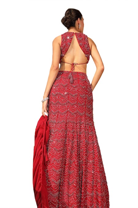 Buy_Niamh By Kriti_Red Silk, Satin Beads, Crystals, Chevron Embroidered Lehenga And Blouse Set 