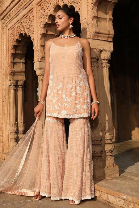 Buy_Niamh By Kriti_Pink Organza, Net, Satin Pearls, Beads, Floral Embroidered Kurta Gharara Set _Online_at_Aza_Fashions